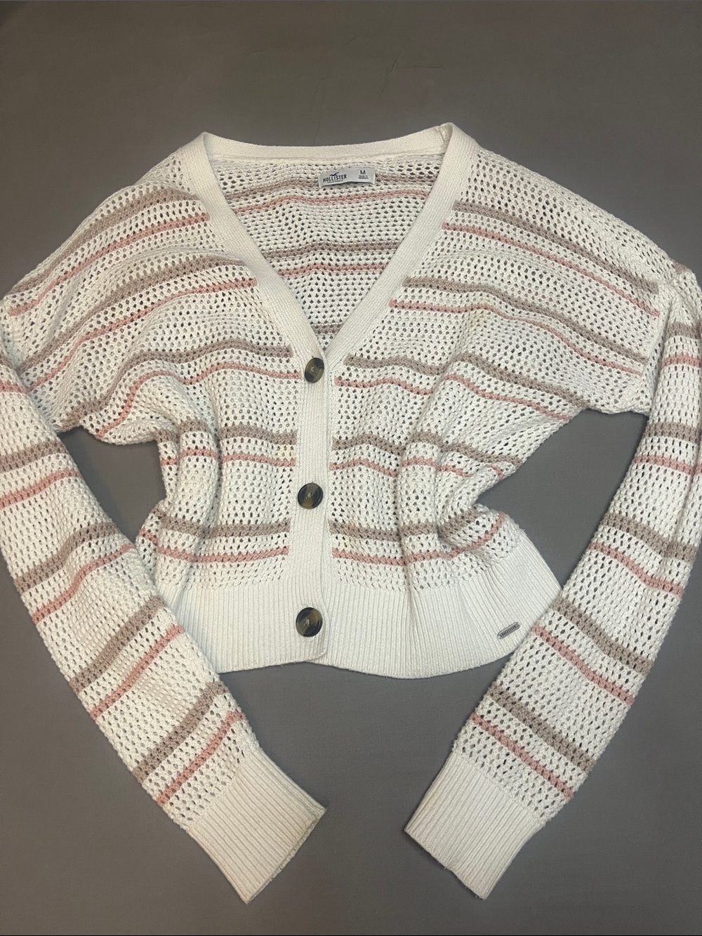Hollister Open-Knit Cropped Cardigan in White with Pink & Tan Stripes